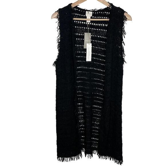 Chicos Womens Fringe Francine Vest Small Black Open Front Boho Layering Knit - Picture 3 of 12